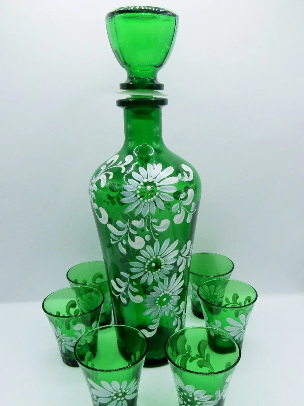 Hand Painted Italian Decanter With Six Cordials Shot Glasses